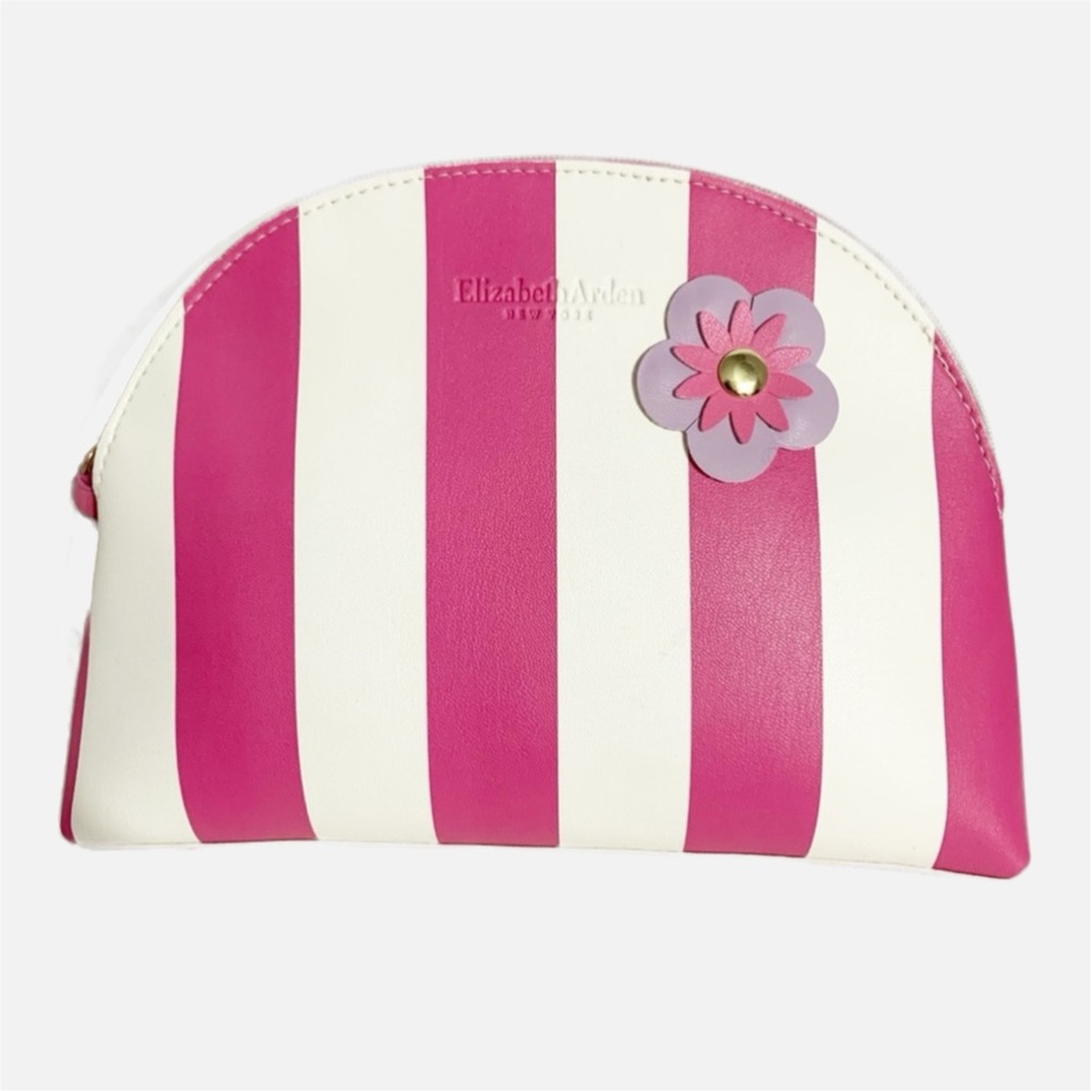 Elizabeth Arden New York Striped Makeup Cosmetic Travel Bag Zip Closure Floral